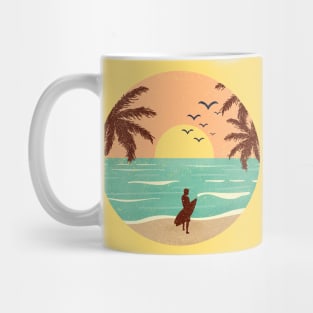 Retro Beach Scene at Sunset with Surfer Mug